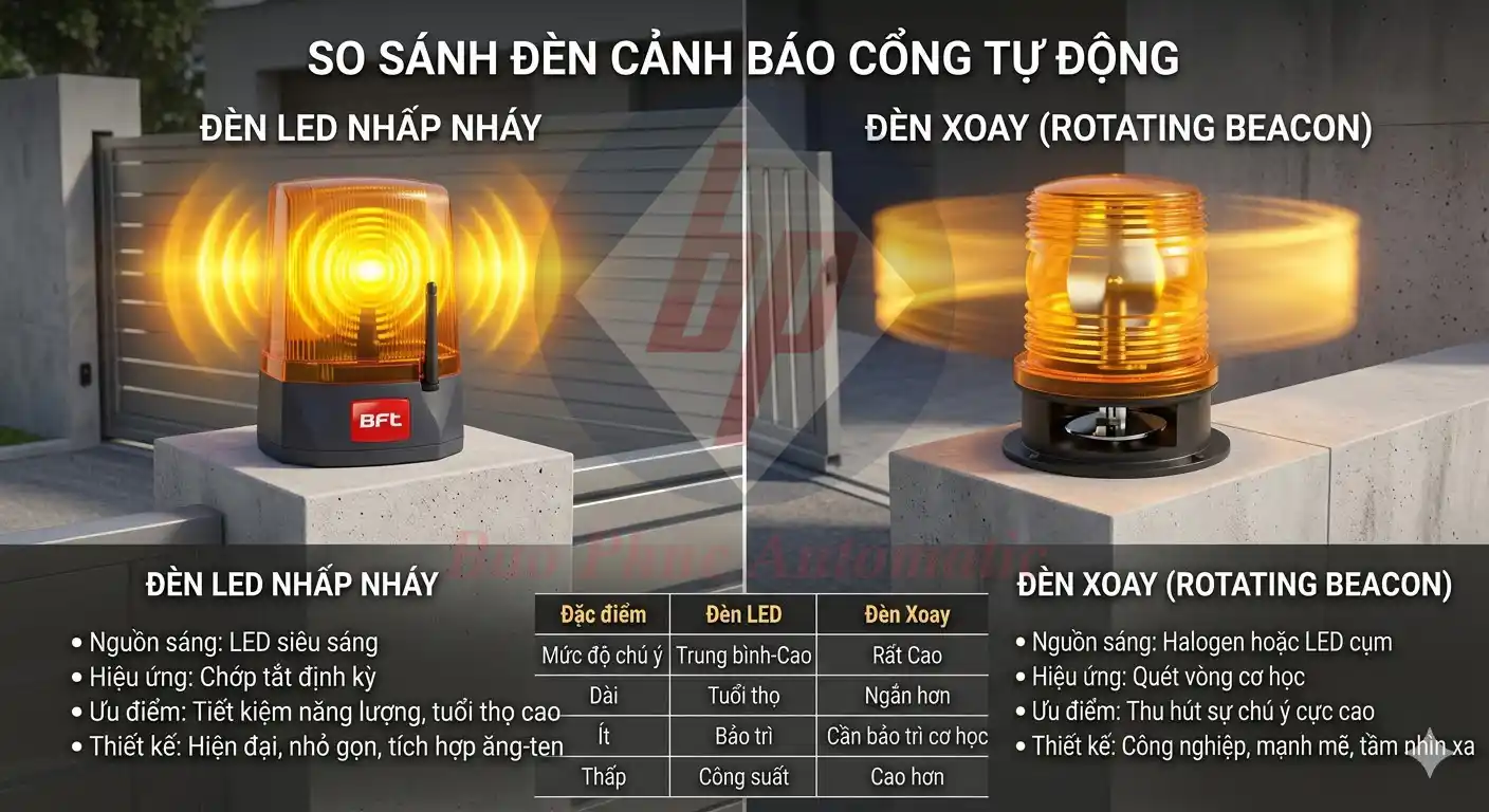 So sánh các loại đèn báo cổng tự động flashing light và đèn xoay