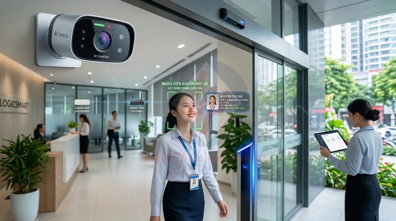 Camera AI nhận diện khuôn mặt tích hợp với hệ thống cửa tự động IoT
