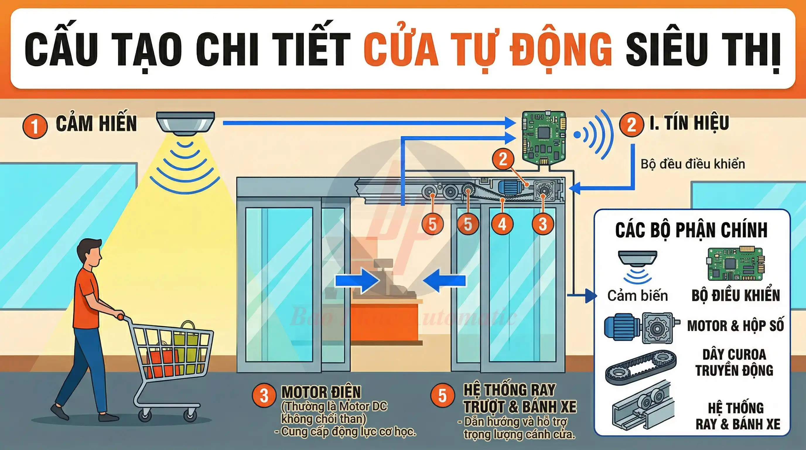 Cấu tạo chi tiết cửa tự động siêu thị gồm cảm biến motor ray trượt bộ điều khiển