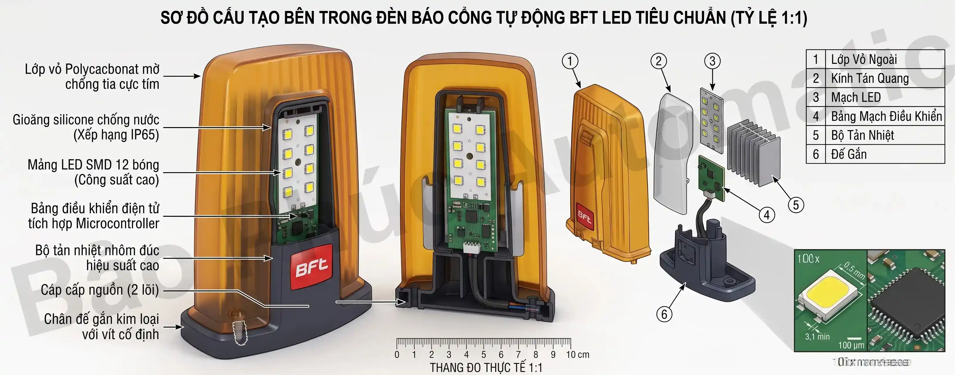 Cấu tạo đèn báo cổng tự động LED flashing light nhìn chi tiết