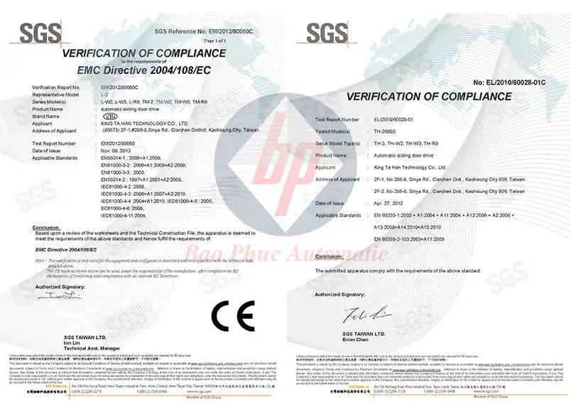 Chứng nhận ISO 9001 CE TUV EN16005 cửa tự động KTH Đài Loan chính hãng