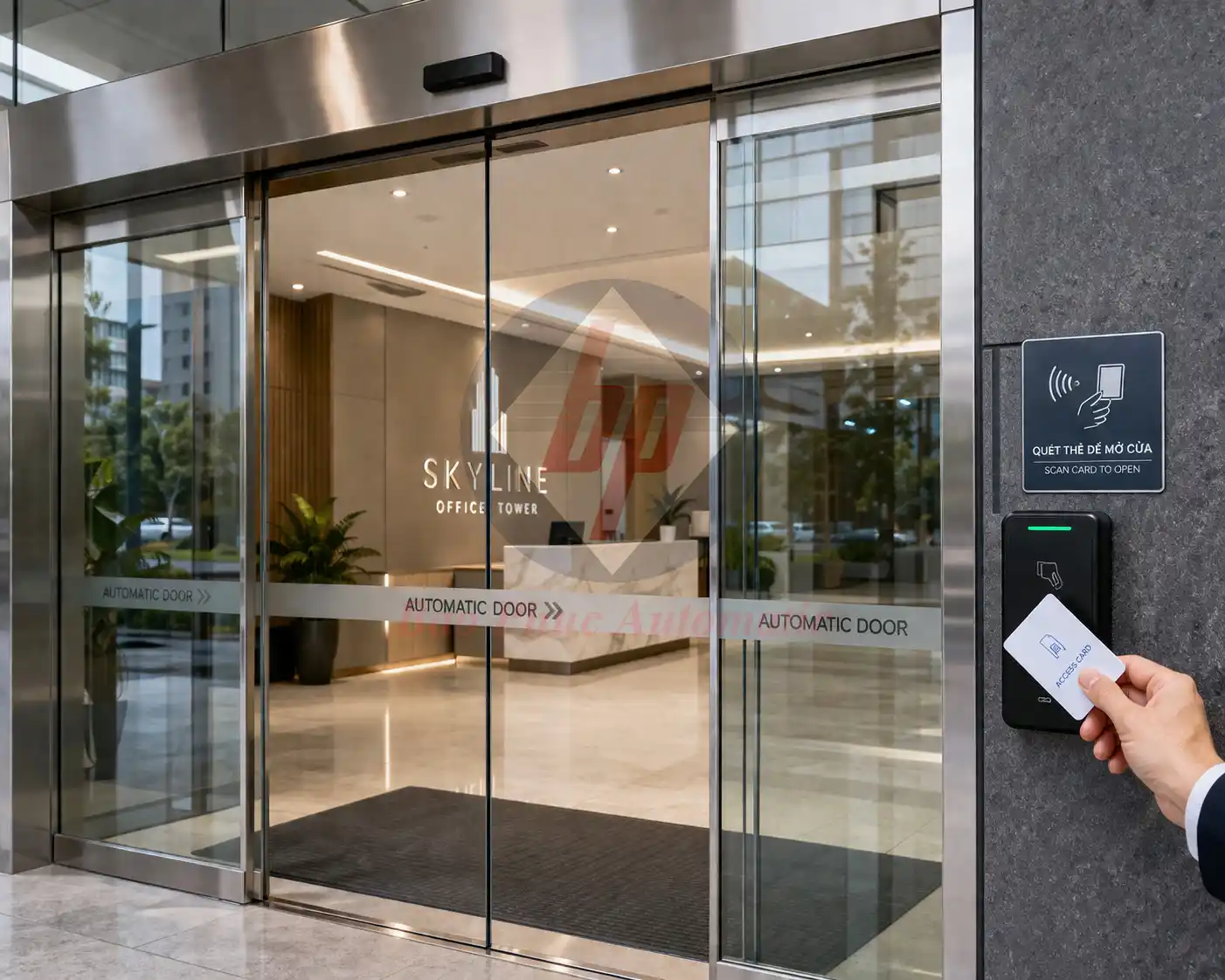 cửa tự động tích hợp thẻ từ tại sảnh văn phòng TP.HCM - Bảo Phúc
