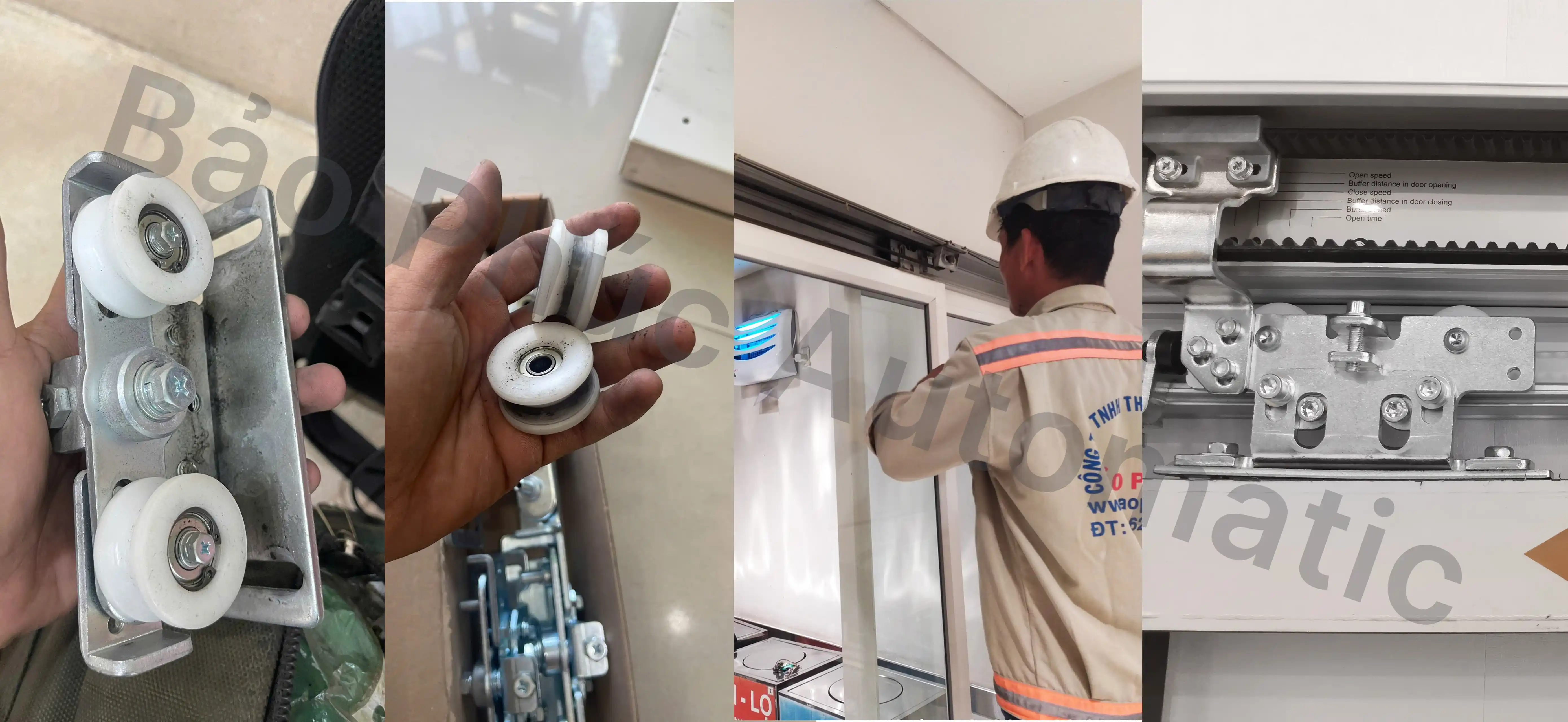 kỹ thuật viên Bảo Phúc thay bánh xe cửa trượt tự động tại công trình TP.HCM