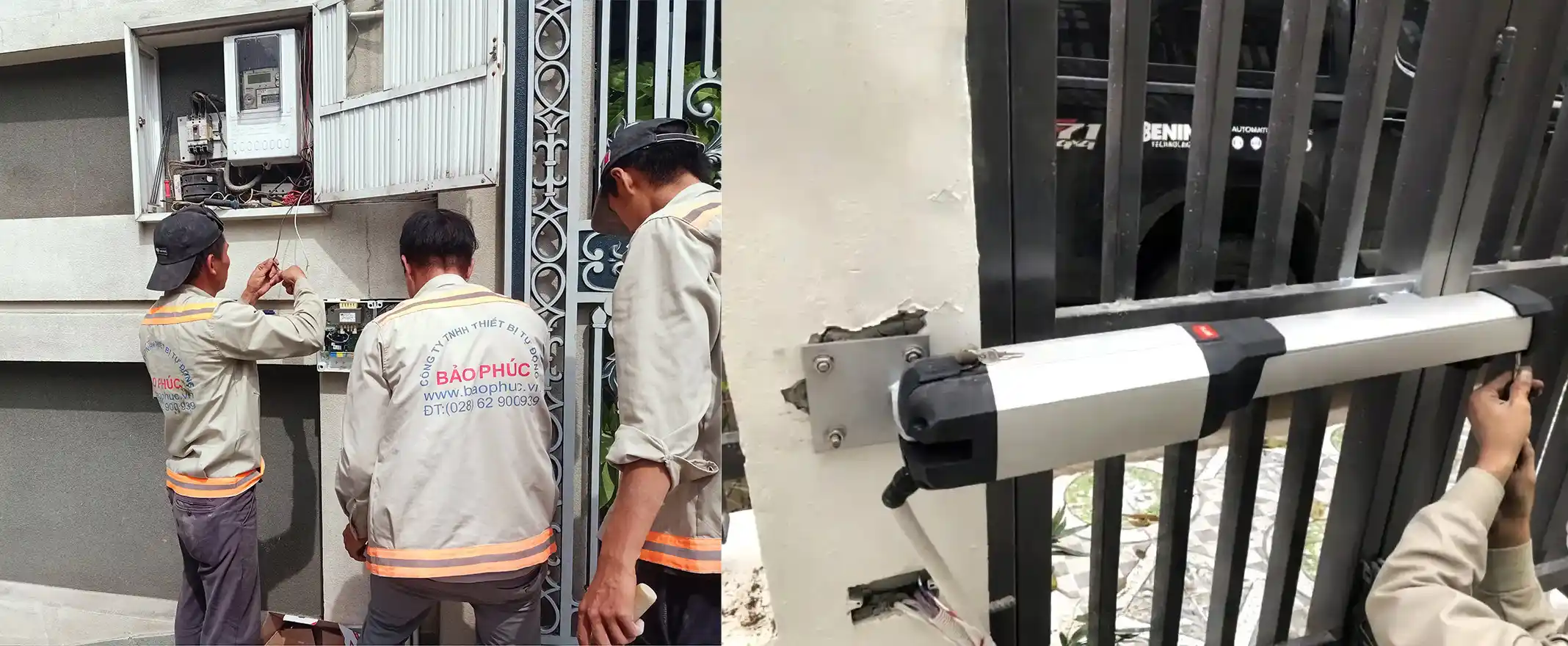 Kỹ thuật viên Công ty Bảo Phúc đang lắp đặt motor cổng tự động cánh tay đòn BFT tại TP.HCM