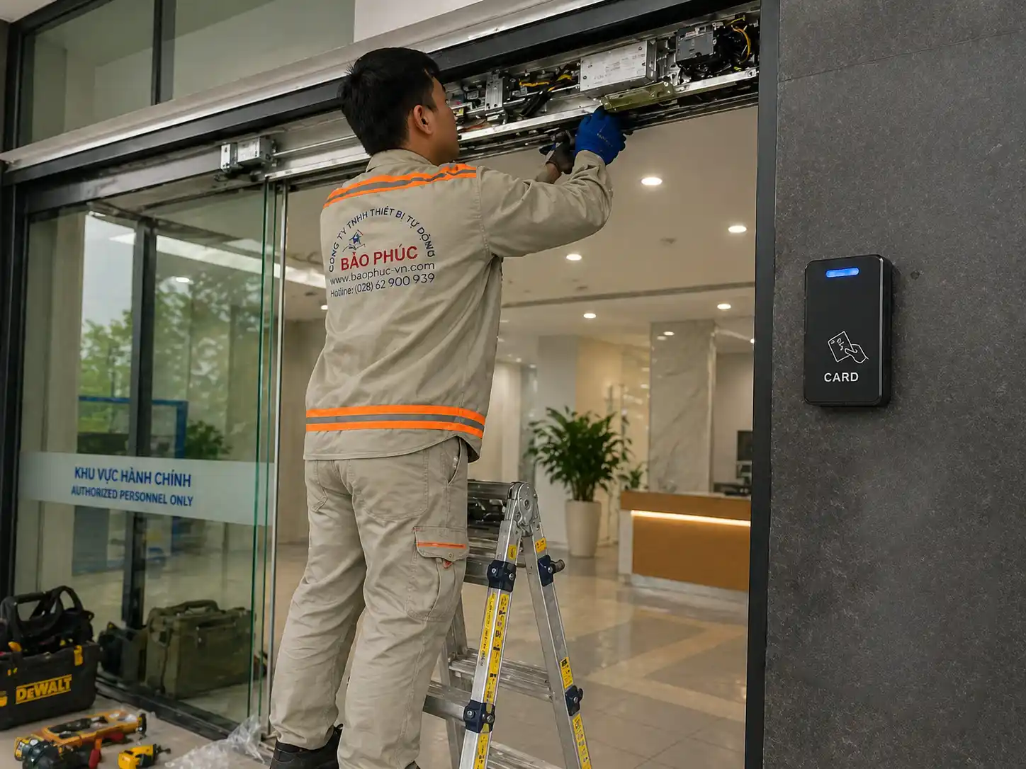 kỹ thuật viên Bảo Phúc lắp đặt cửa tự động tích hợp thẻ từ tại công trình