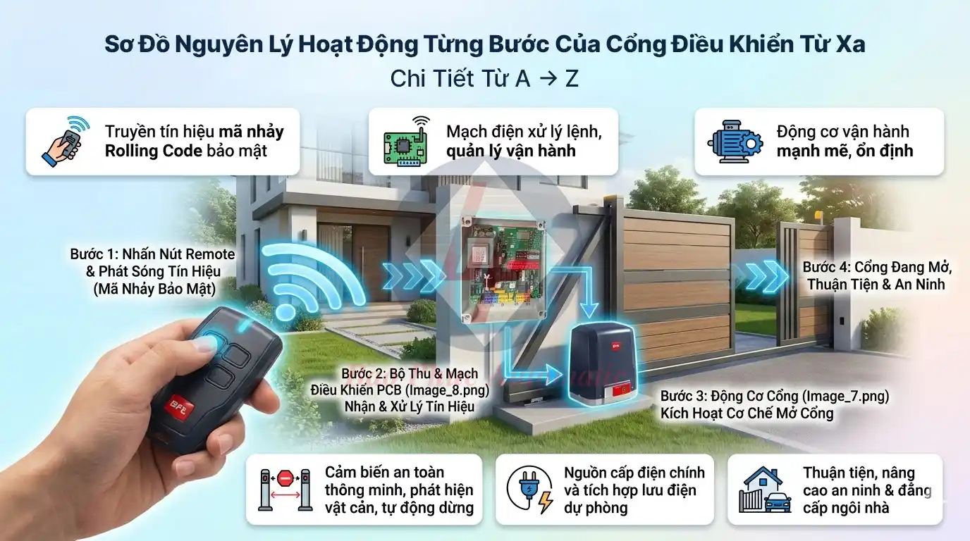 Sơ đồ nguyên lý hoạt động từng bước của cổng điều khiển từ xa