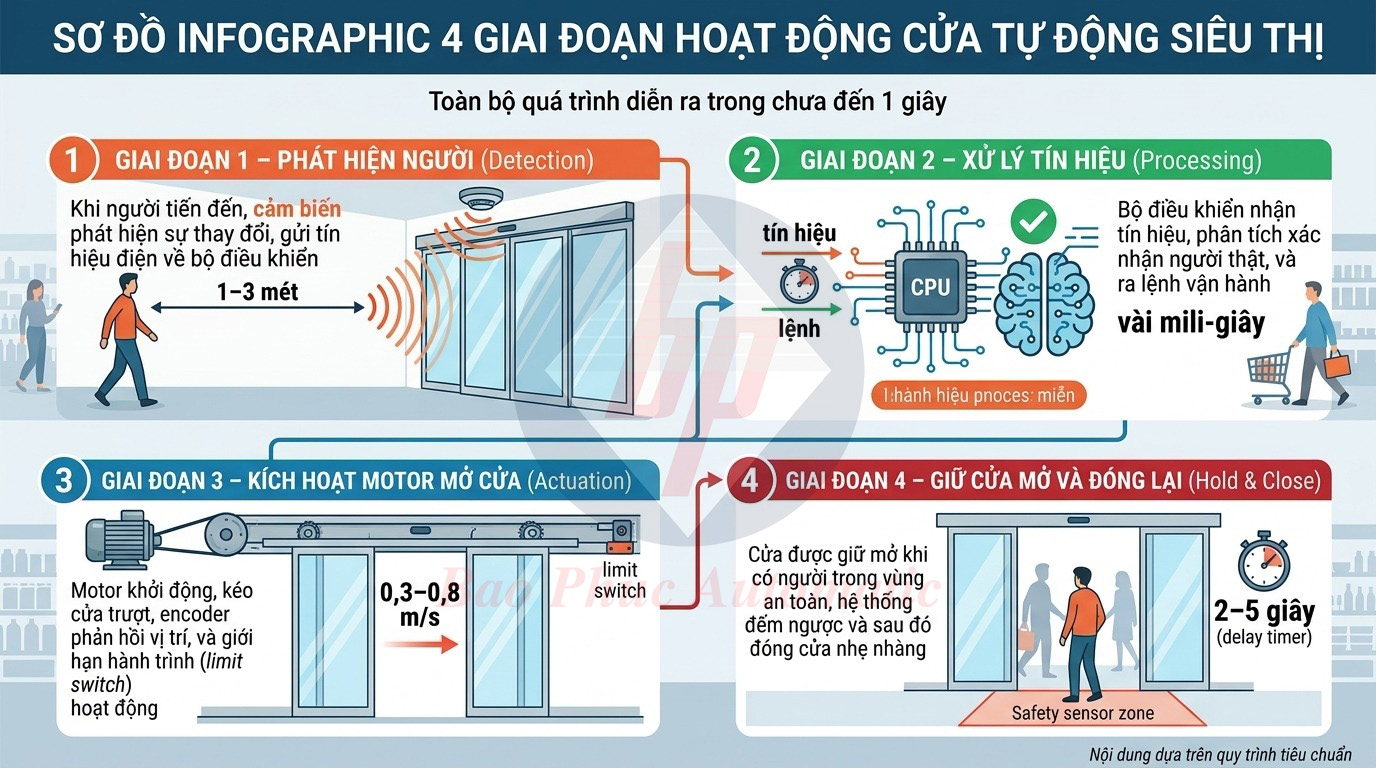 Sơ đồ nguyên lý hoạt động cửa siêu thị tự động 4 giai đoạn