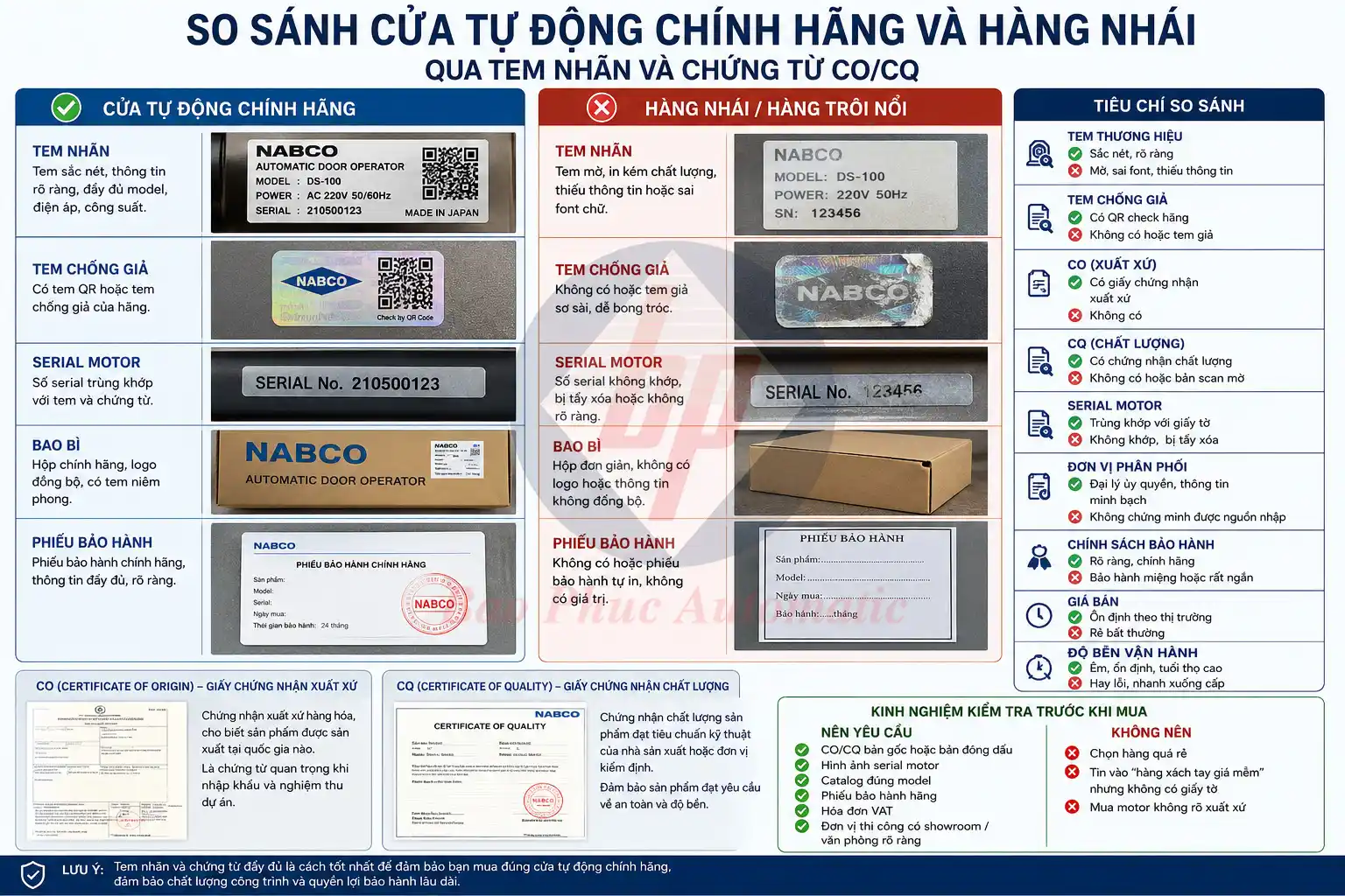 So sánh cửa tự động chính hãng và hàng nhái qua tem nhãn và chứng từ CO/CQ