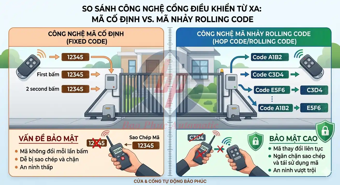 So sánh công nghệ mã cố định và mã nhảy Rolling Code trong cổng điều khiển từ xa