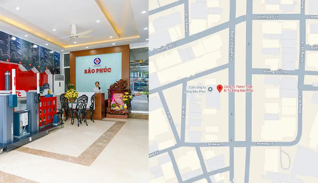 showroom trưng bày cửa tự động và bản đồ chỉ đường