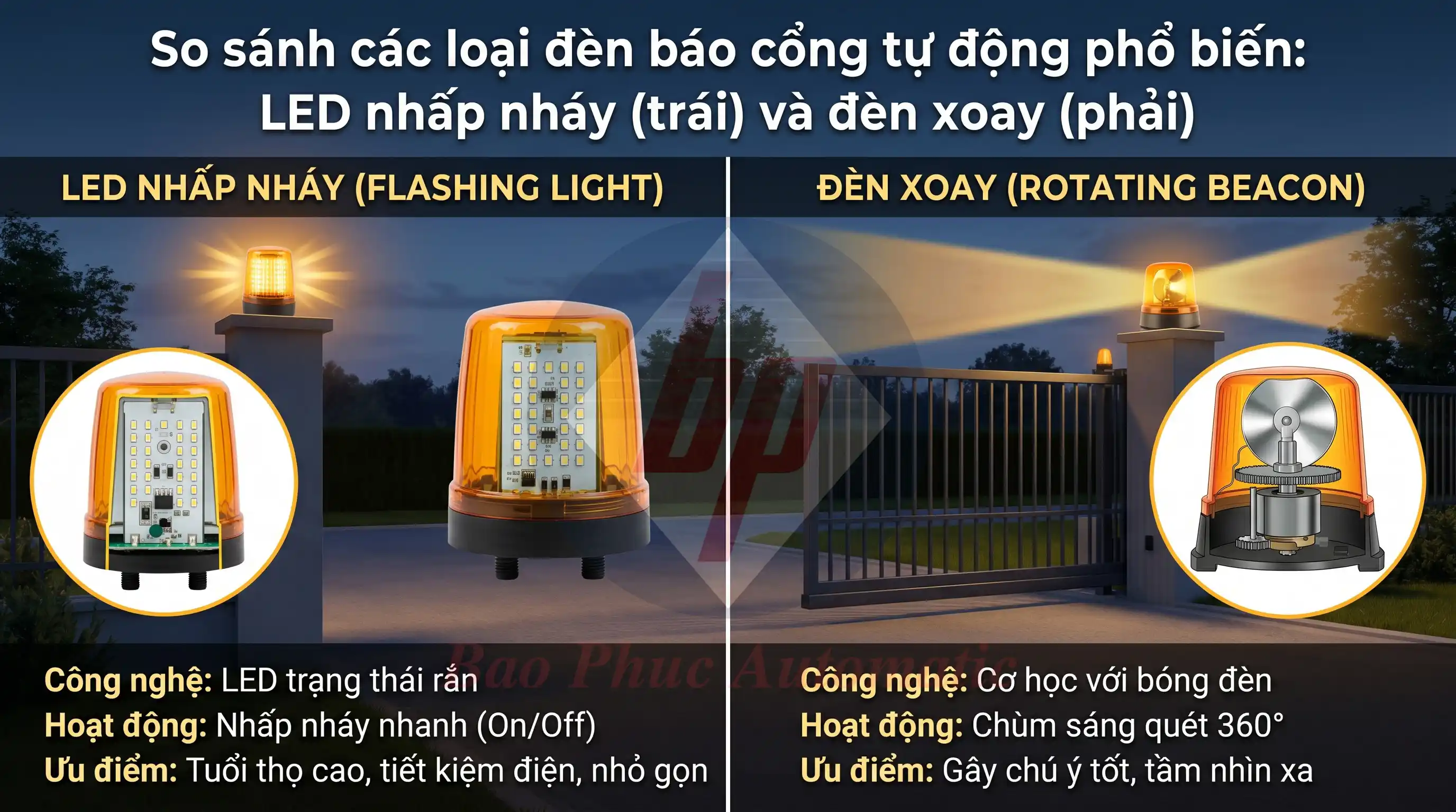 so sánh 2 loại đèn báo đèn led và đèn xoay