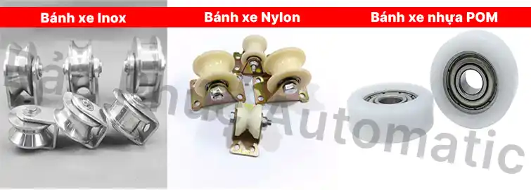 so sánh bánh xe cửa trượt tự động inox nylon và nhựa POM theo tải trọng