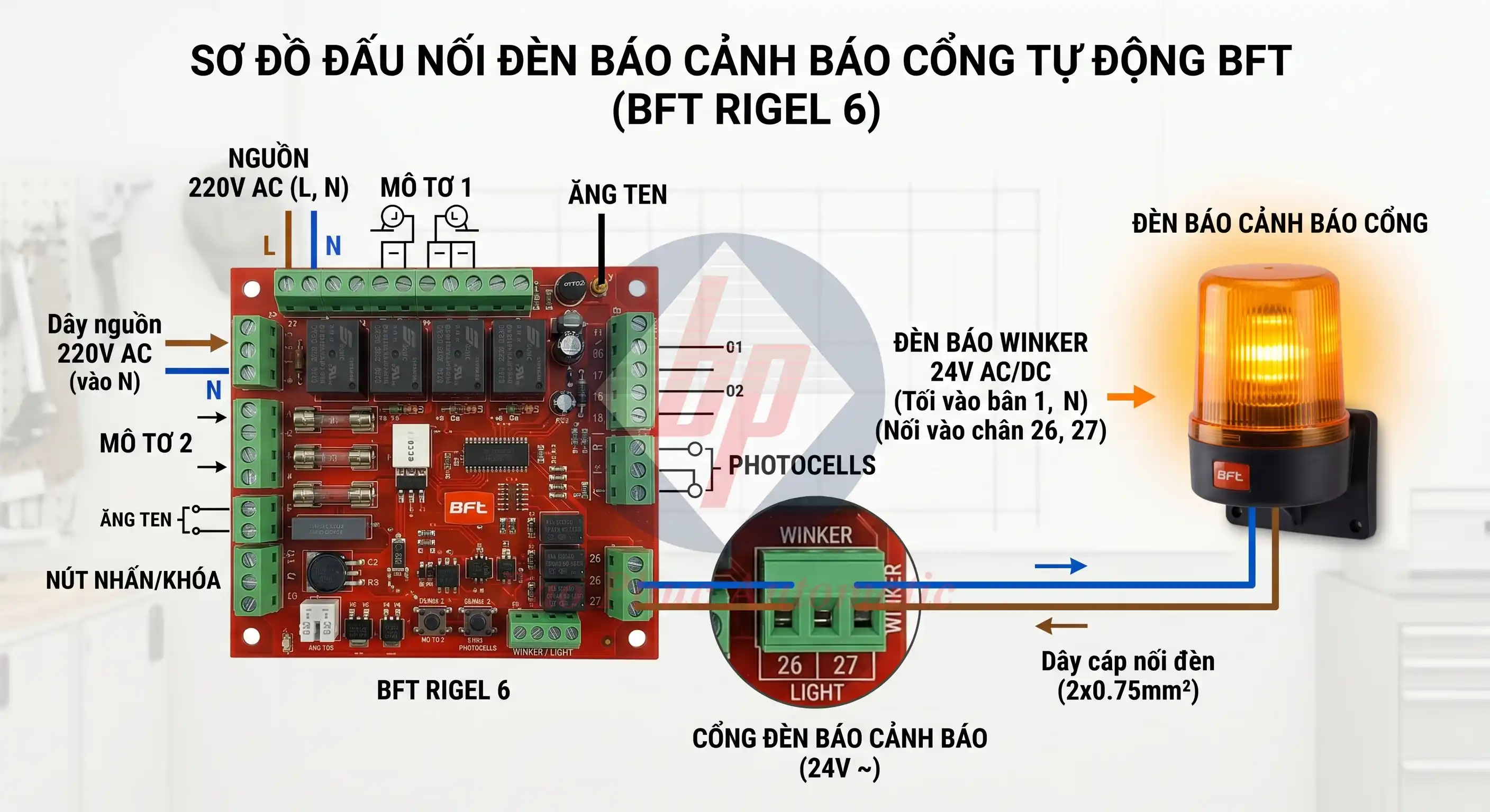 Sơ đồ đấu nối đèn báo cổng tự động vào board điều khiển BFT