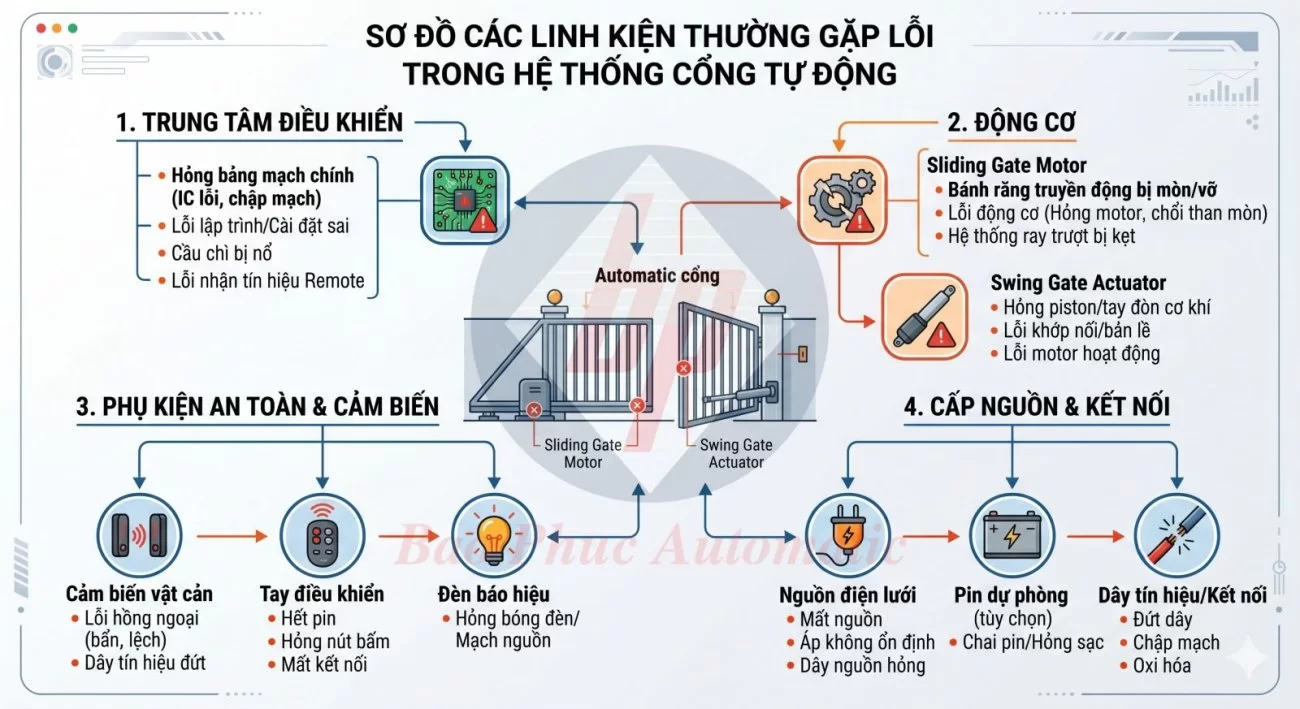 Sơ đồ các linh kiện thường gặp lỗi trong hệ thống cổng tự động