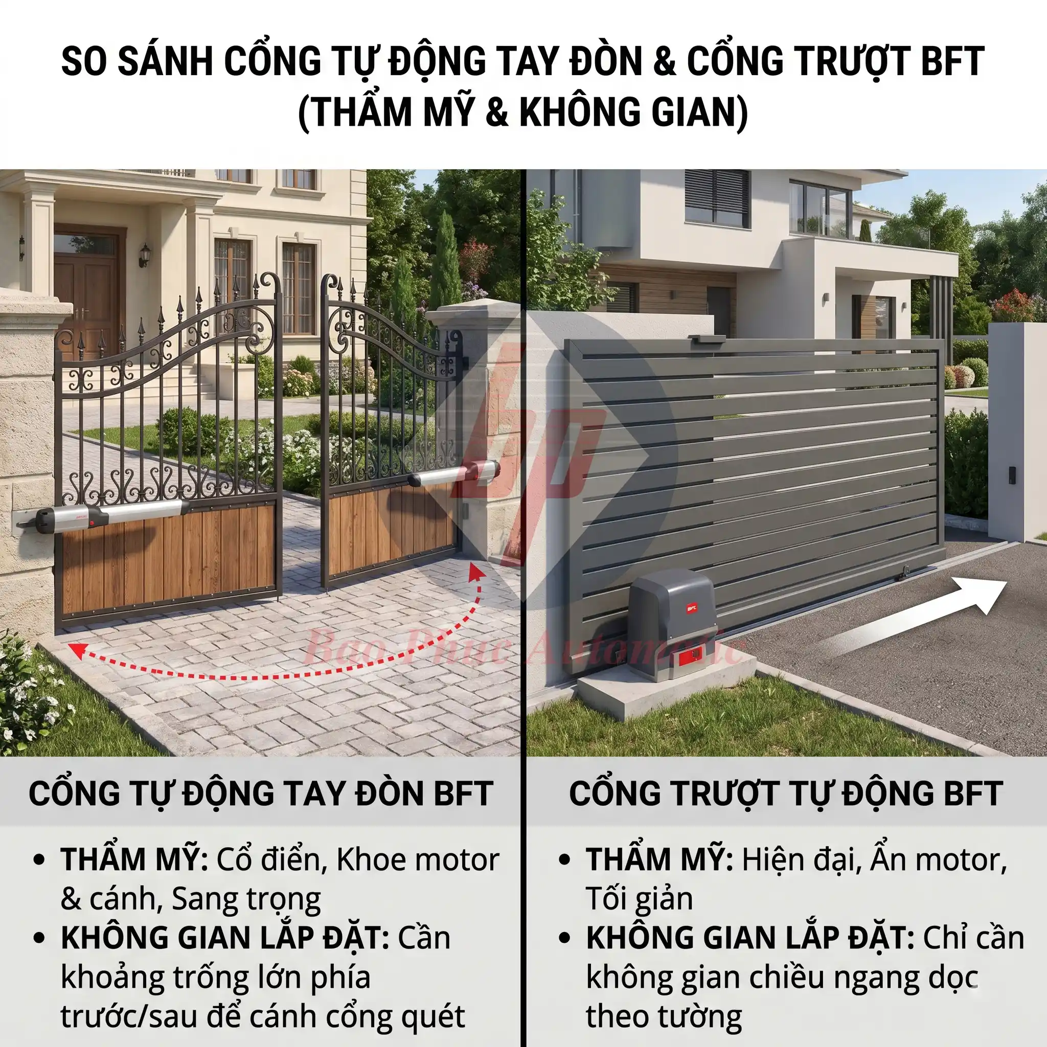 So sánh cổng tự động tay đòn và cổng trượt tự động về thẩm mỹ và không gian lắp đặt